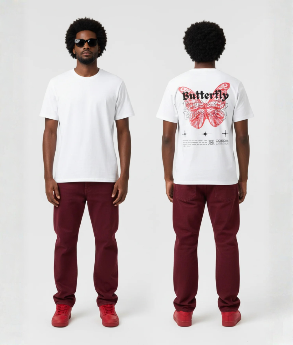 Wit T-shirt met rode vlinder illustratie en Butterfly tekst herhalend in gothic lettertype met sterren op de rug