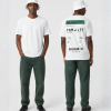 Wit T-shirt met groene eigen tekst banner en boarding pass print met PNM naar JPT vluchtdetails en PEP-SCHEP.NL tekst op de rug