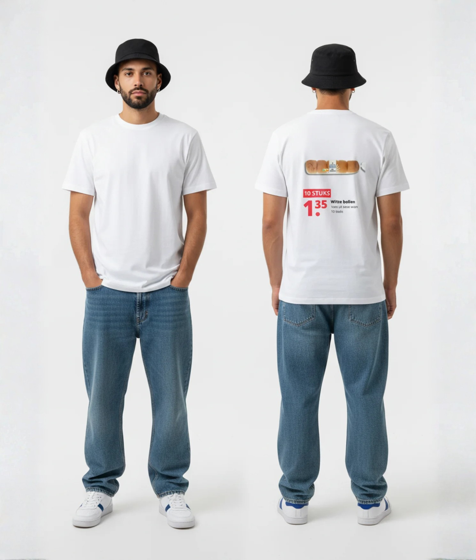 Wit unisex T-shirt voor- en achteraanzicht gedragen door mannelijk model met bucket hat en print van Witte bollen 10 stuks €1.35 supermarkt reclame op de rug
