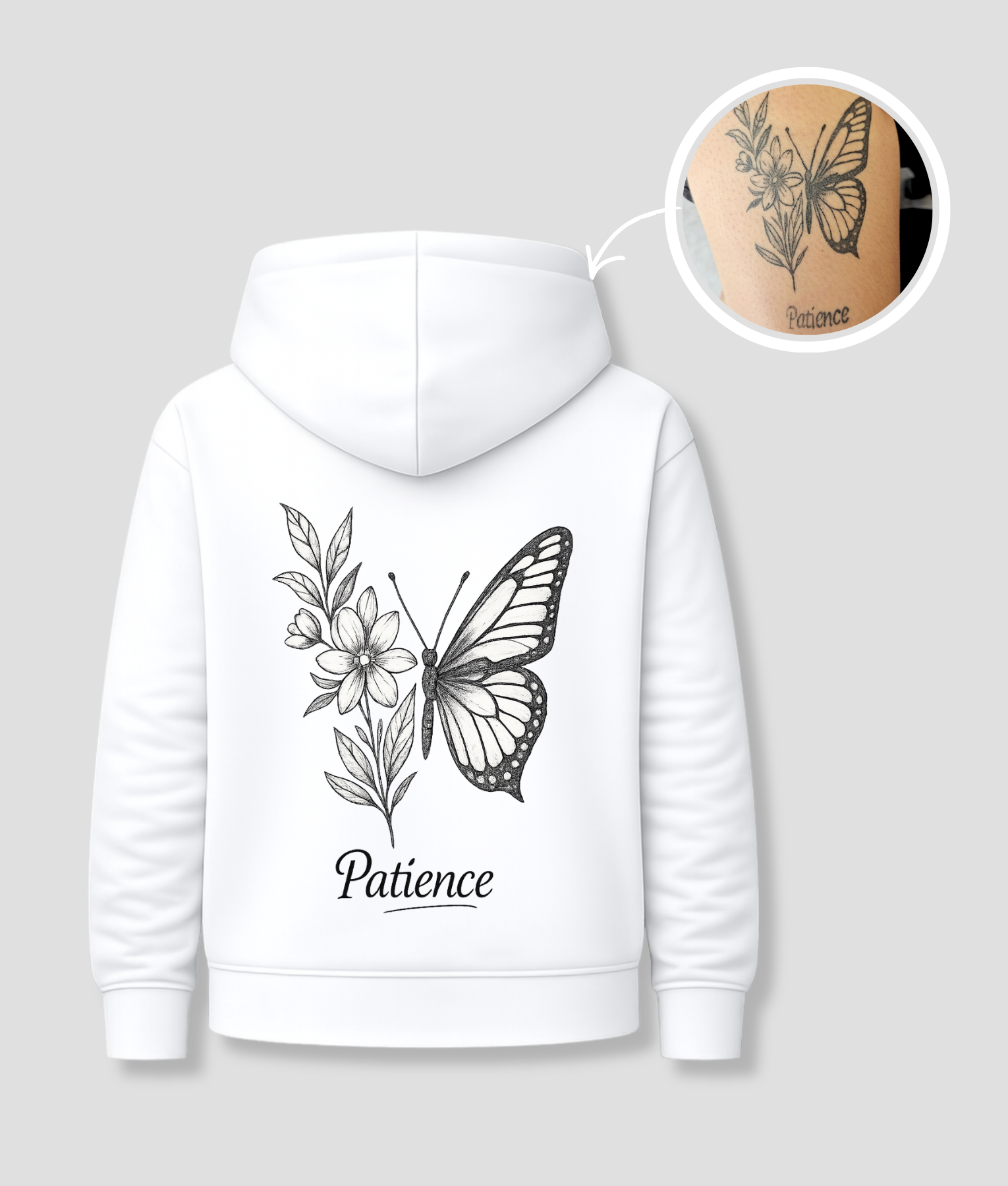 Witte unisex hoodie met 'Patience' vlinder en bloemen tattoo opdruk van PEP SCHEP – grote zwarte rugprint met botanische vlinder illustratie