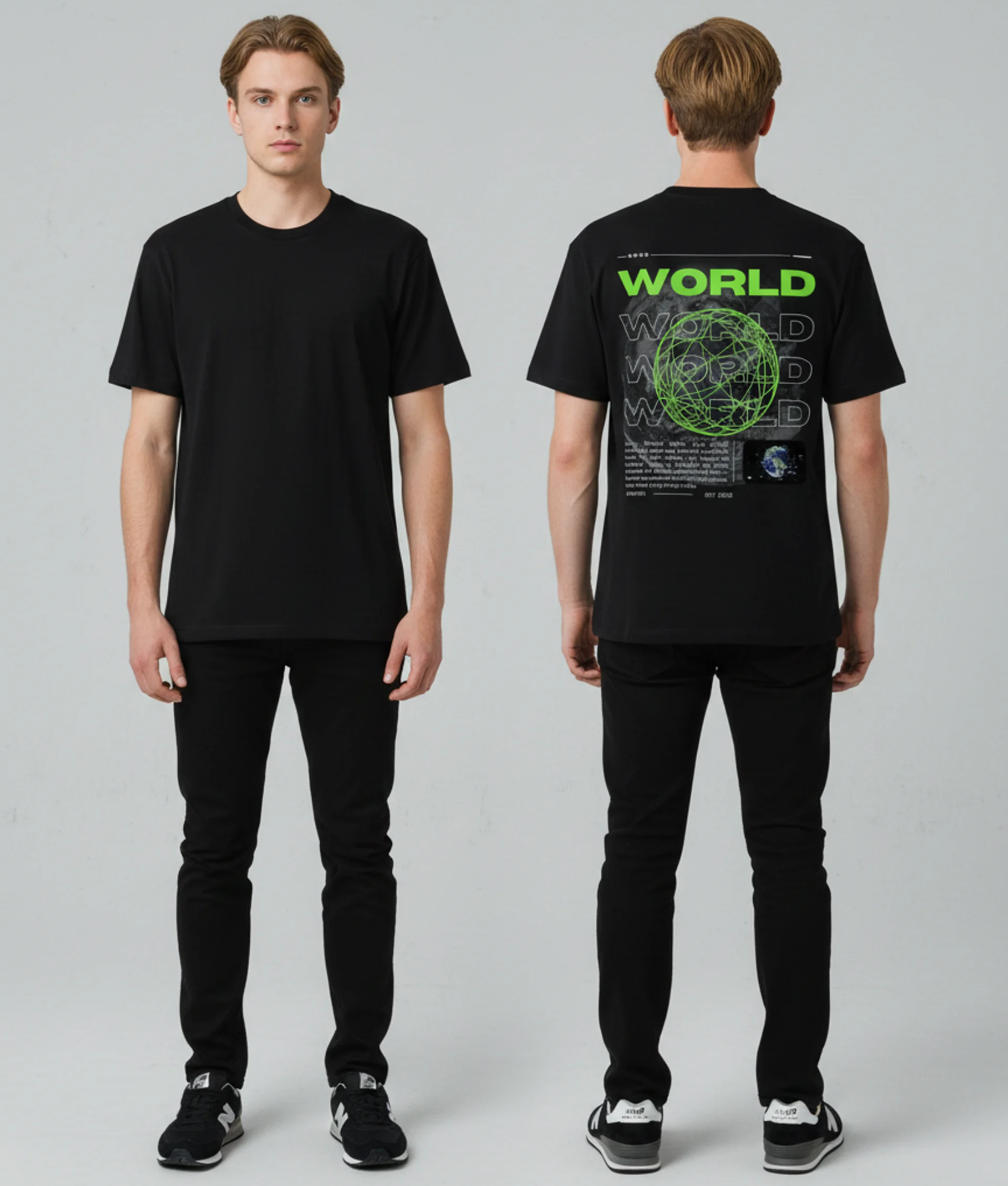 Zwart unisex T-shirt voor- en achteraanzicht gedragen door mannelijk model met WORLD globe print in neon groen op de rug