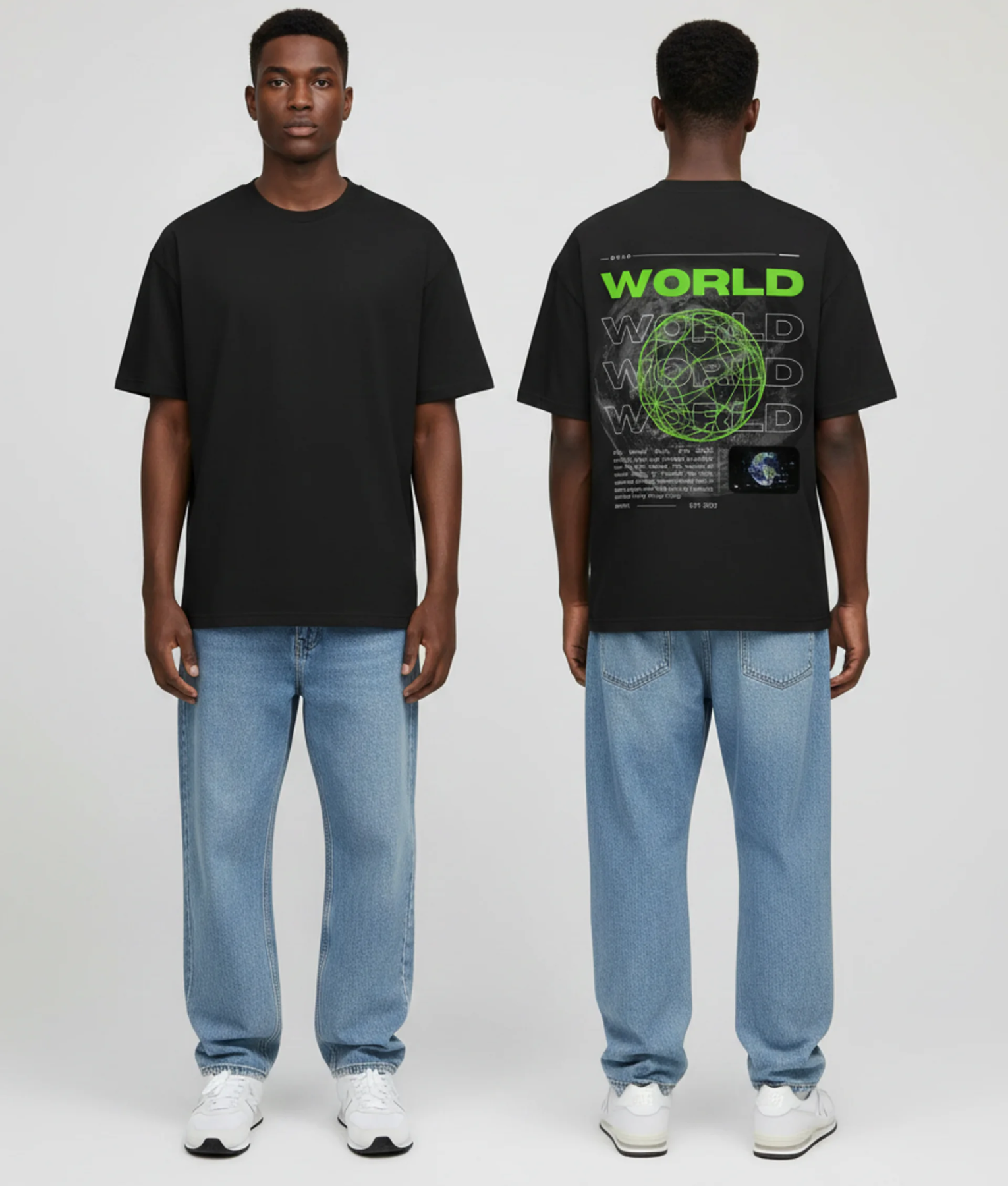 Zwart T-shirt met groene WORLD tekst, groene globe illustratie, herhalende tekst en aardbol foto op de rug