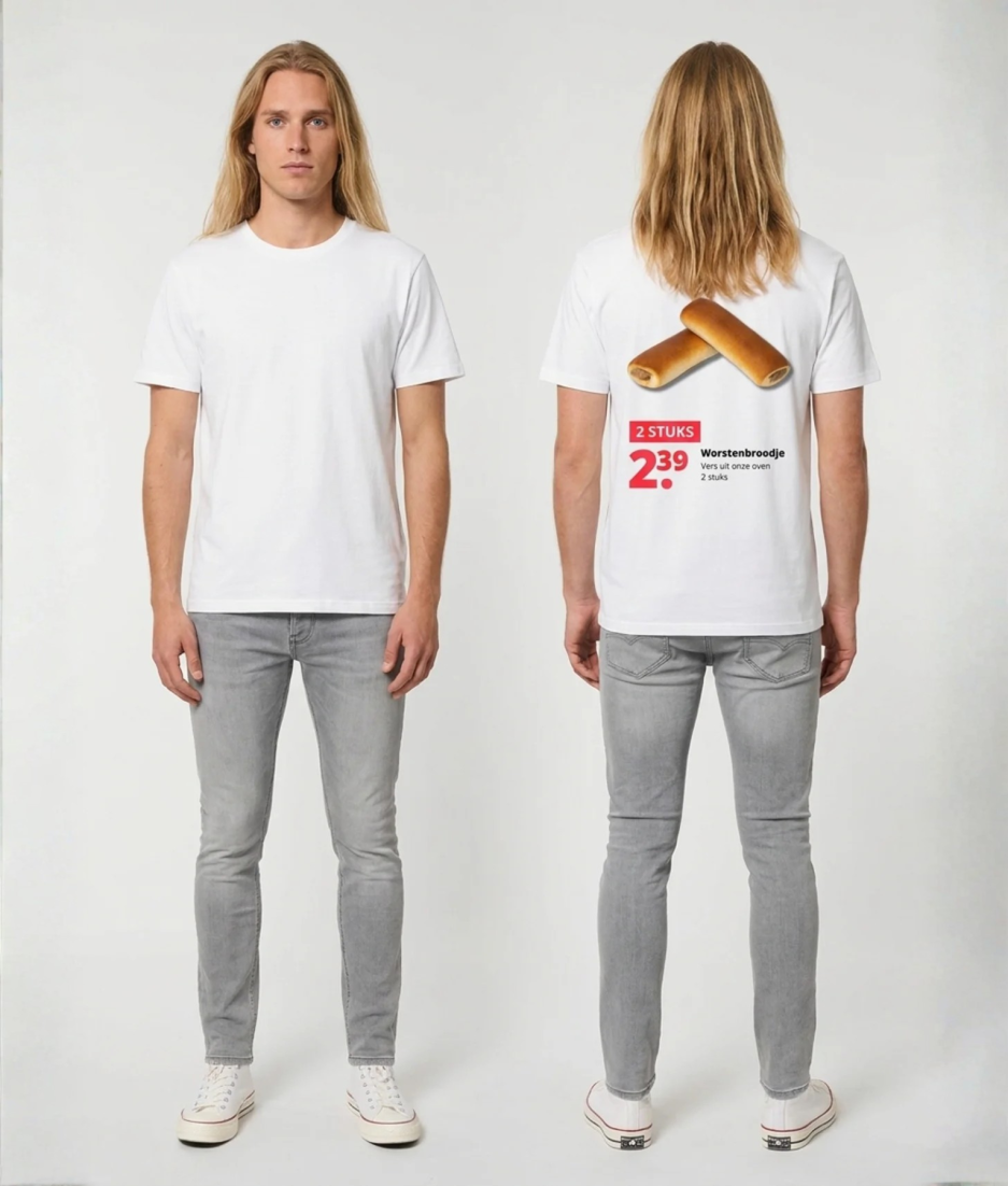 Wit unisex t-shirt met Worstenbroodje opdruk van PEP SCHEP – grote print op de rug met supermarkt prijskaartje stijl design