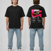 Zwart T-shirt met Spotify Wrapped stijl print in roze en rood met muziekstatistieken en Techno genre op de rug