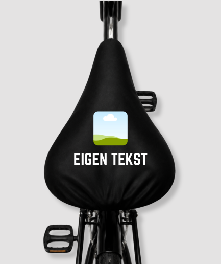 Zwarte fietszadelhoes met eigen foto en eigen tekst opdruk gepersonaliseerde zadelhoes voor racefiets of mountainbike