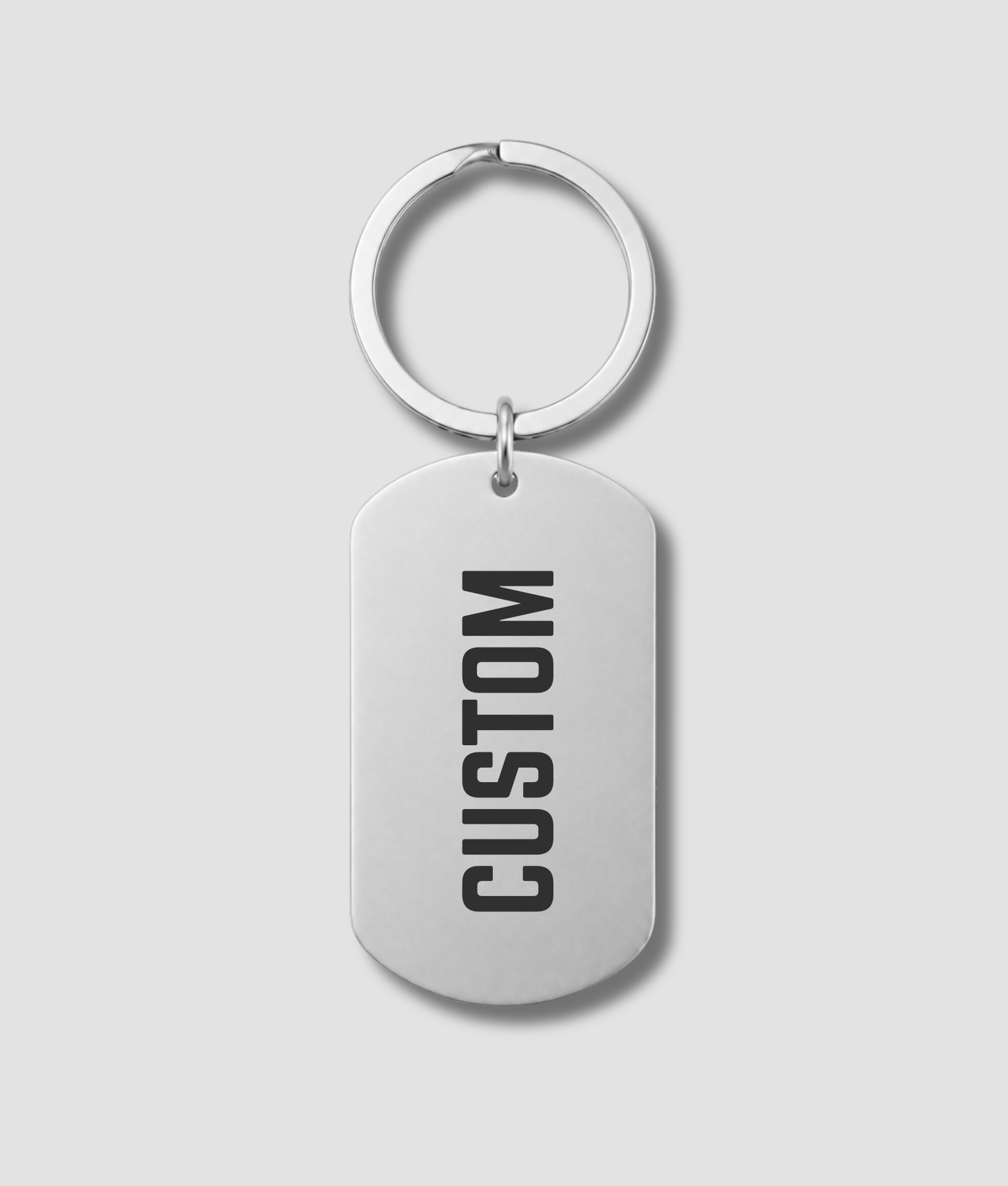 Zilveren RVS dog tag sleutelhanger met zwarte tekst CUSTOM gravure
