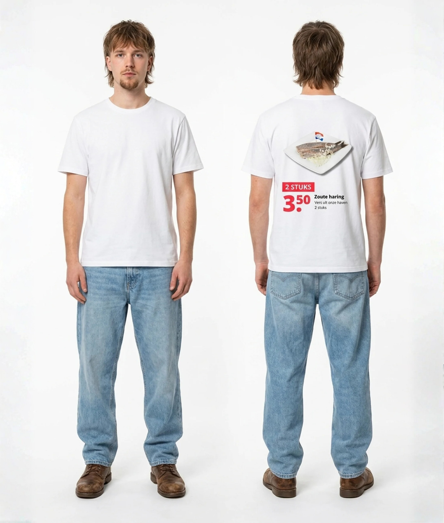 Wit unisex T-shirt voor- en achteraanzicht gedragen door mannelijk model met Zoute haring 2 stuks supermarkt reclame print op de rug