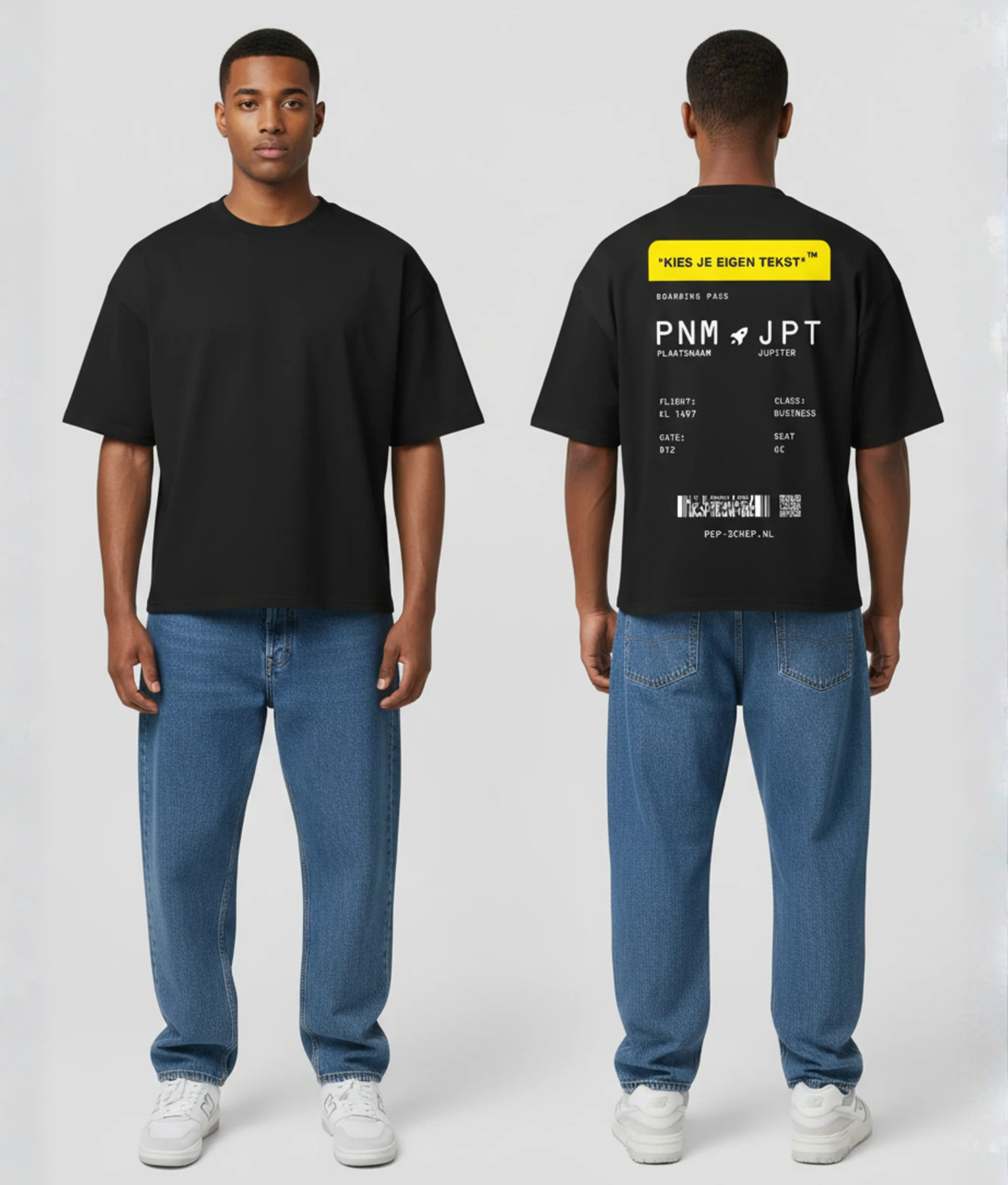 Zwart T-shirt met gele boarding pass print en eigen tekst op de rug