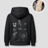 Zwarte unisex hoodie met tattoo-geïnspireerde opdrukken van PEP SCHEP – rugprint met diverse kleine illustraties zoals panda, hart, bloem en typografie