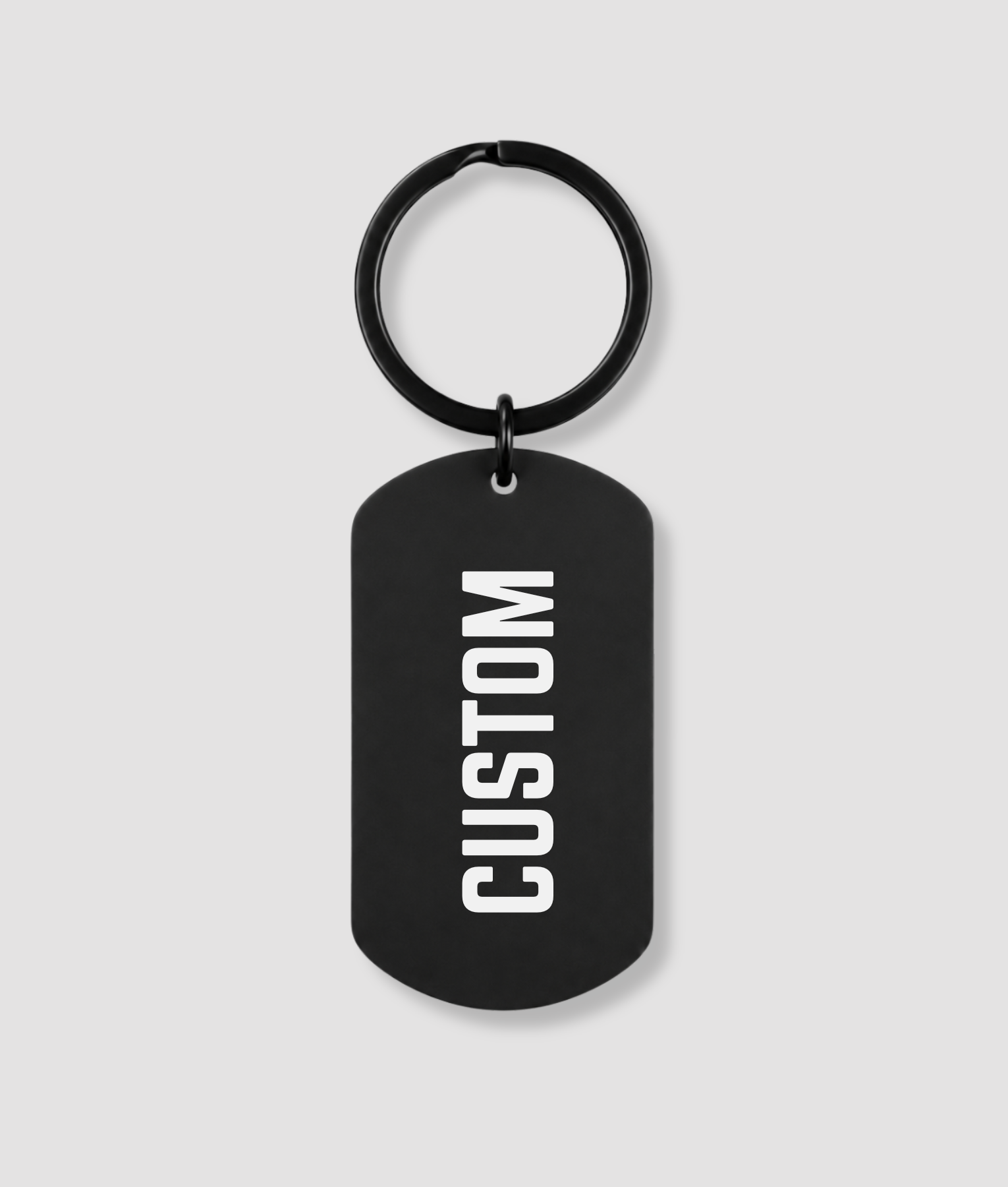 Zwarte dog tag sleutelhanger van RVS met witte tekst CUSTOM