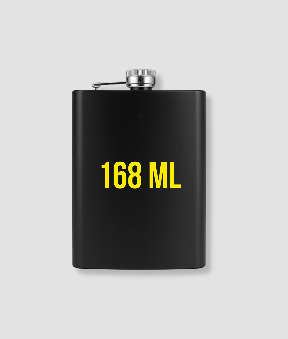 Zwarte metalen heupfles met gele tekst bedrukking 168 ML