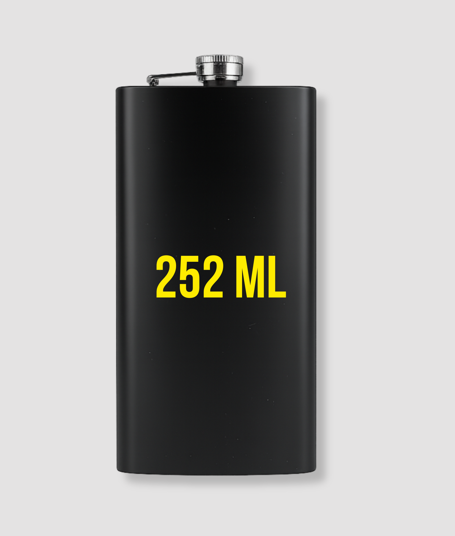 Zwarte metalen heupfles met gele tekst bedrukking 252 ML