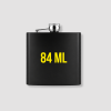 Zwarte metalen heupfles met gele tekst bedrukking 84 ML