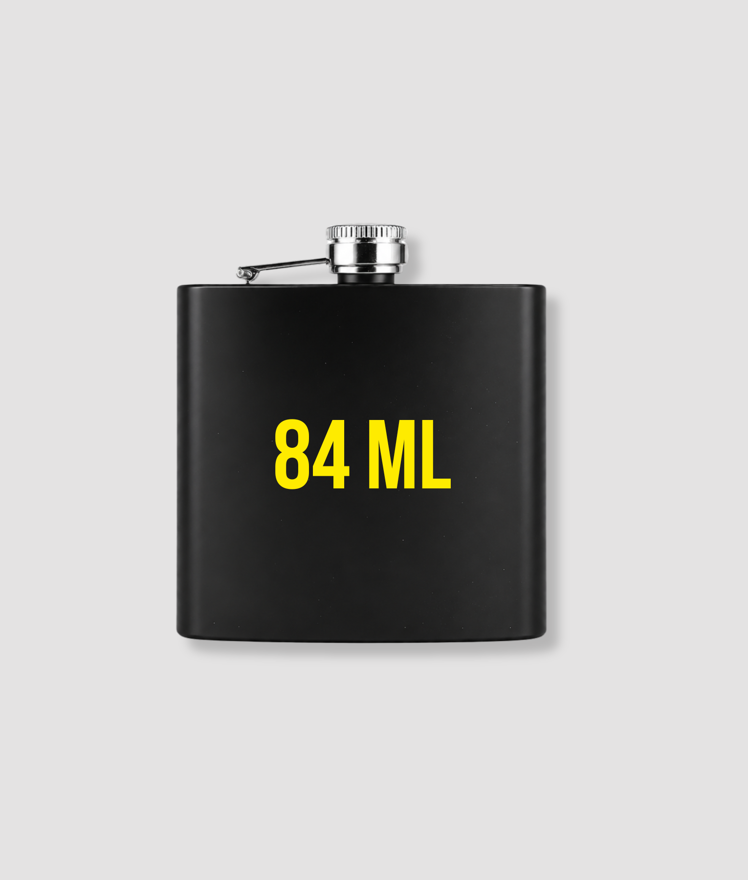 Zwarte metalen heupfles met gele tekst bedrukking 84 ML