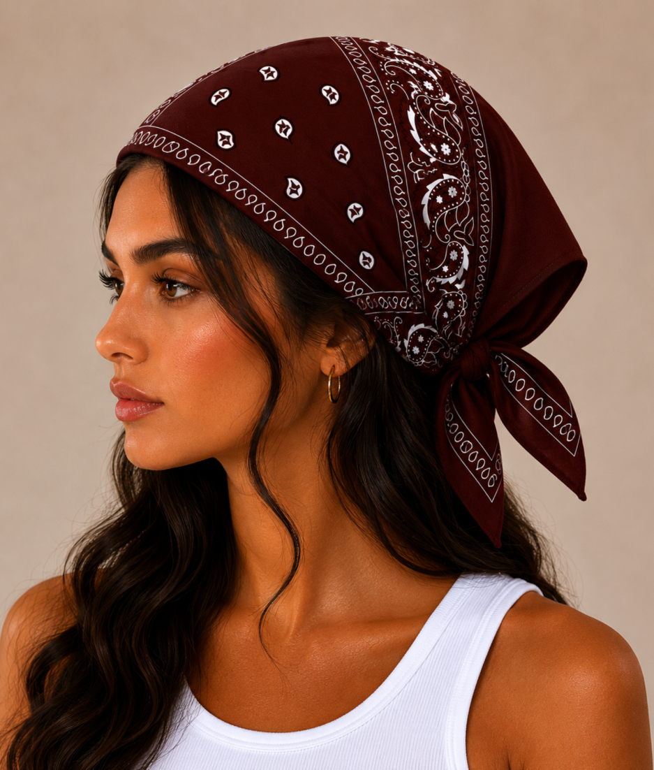 Model draagt donkerbruine bandana als festival outfit