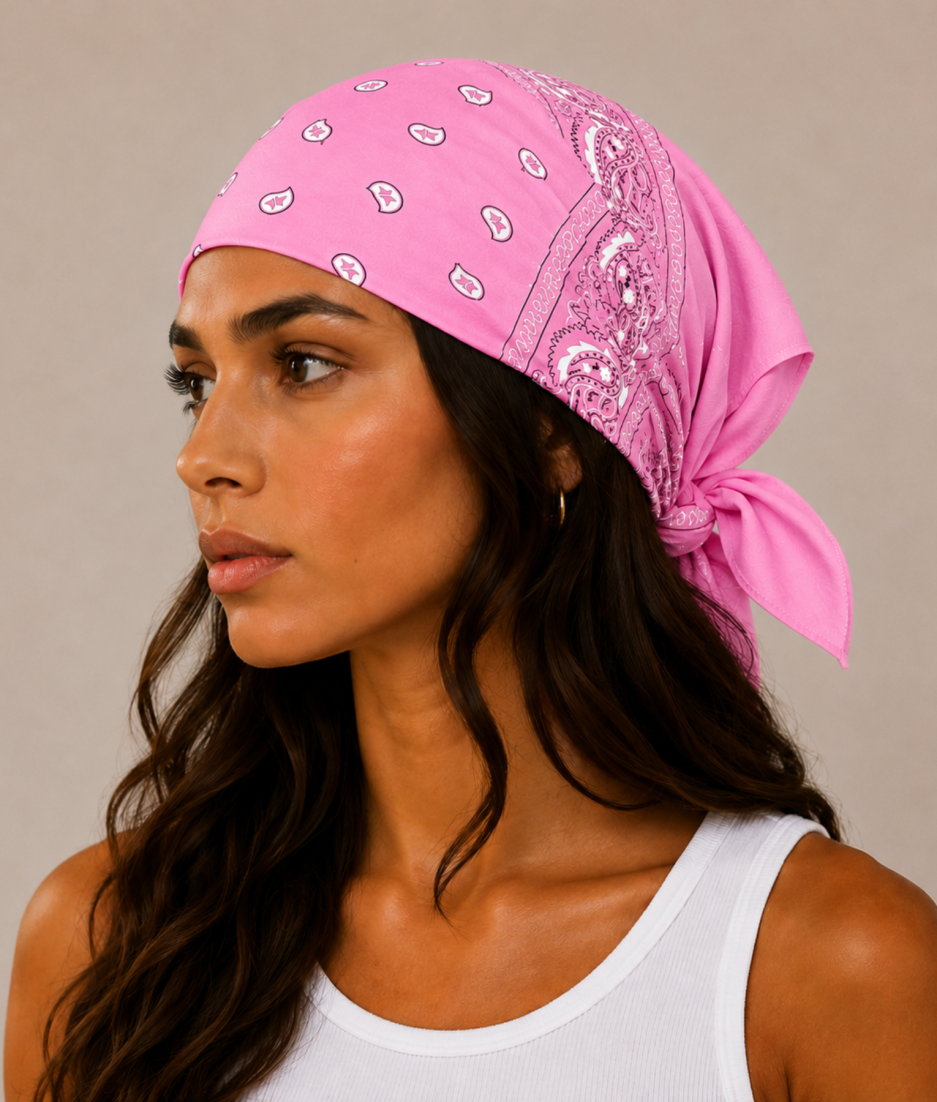 Model draagt roze bandana als festival outfit