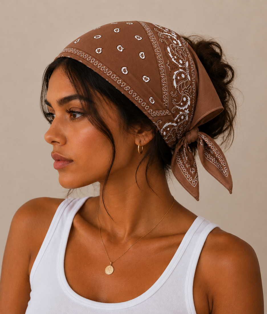 Model draagt lichtbruine bandana als festival outfit