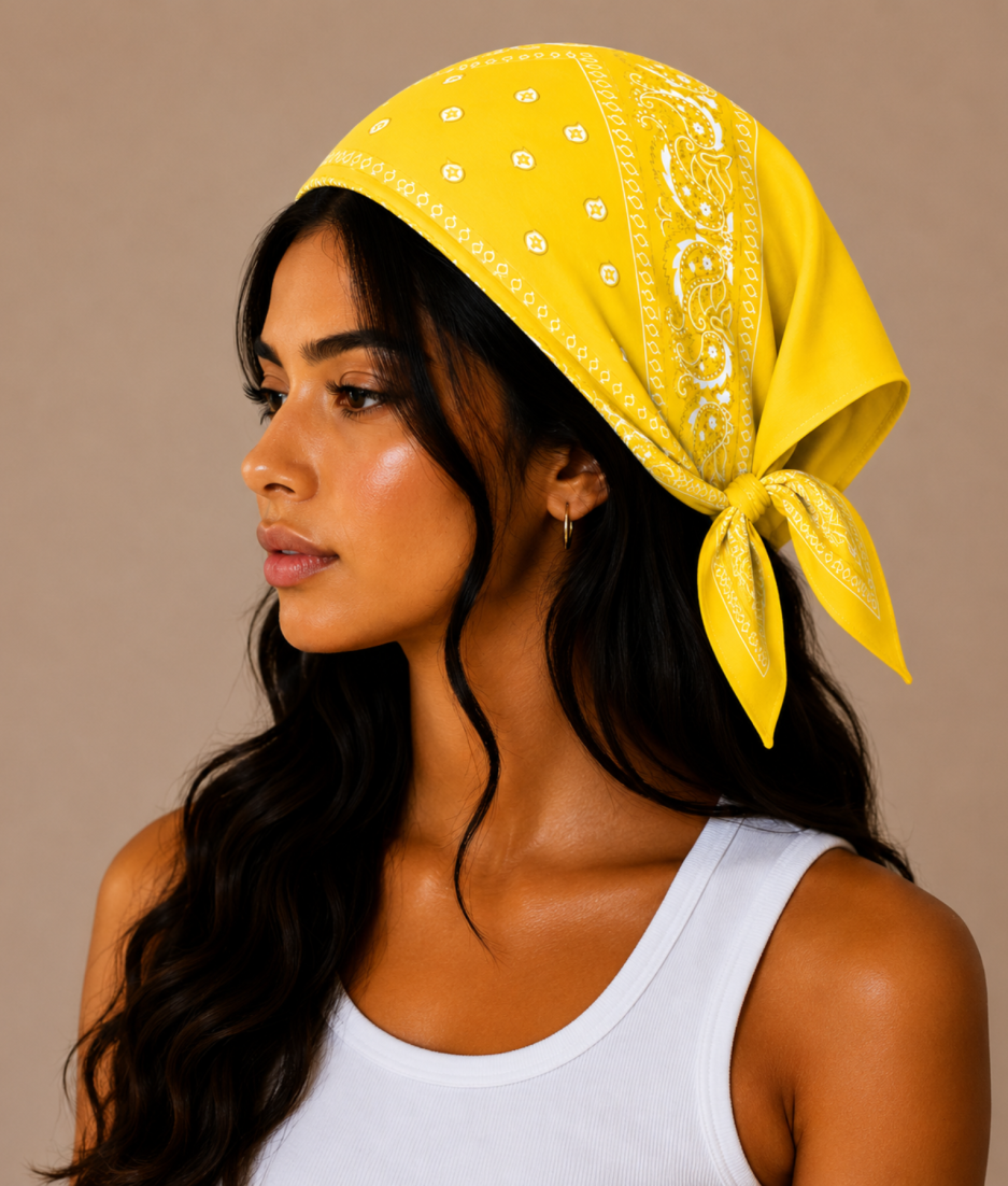 Model draagt lichtgele bandana als festival outfit
