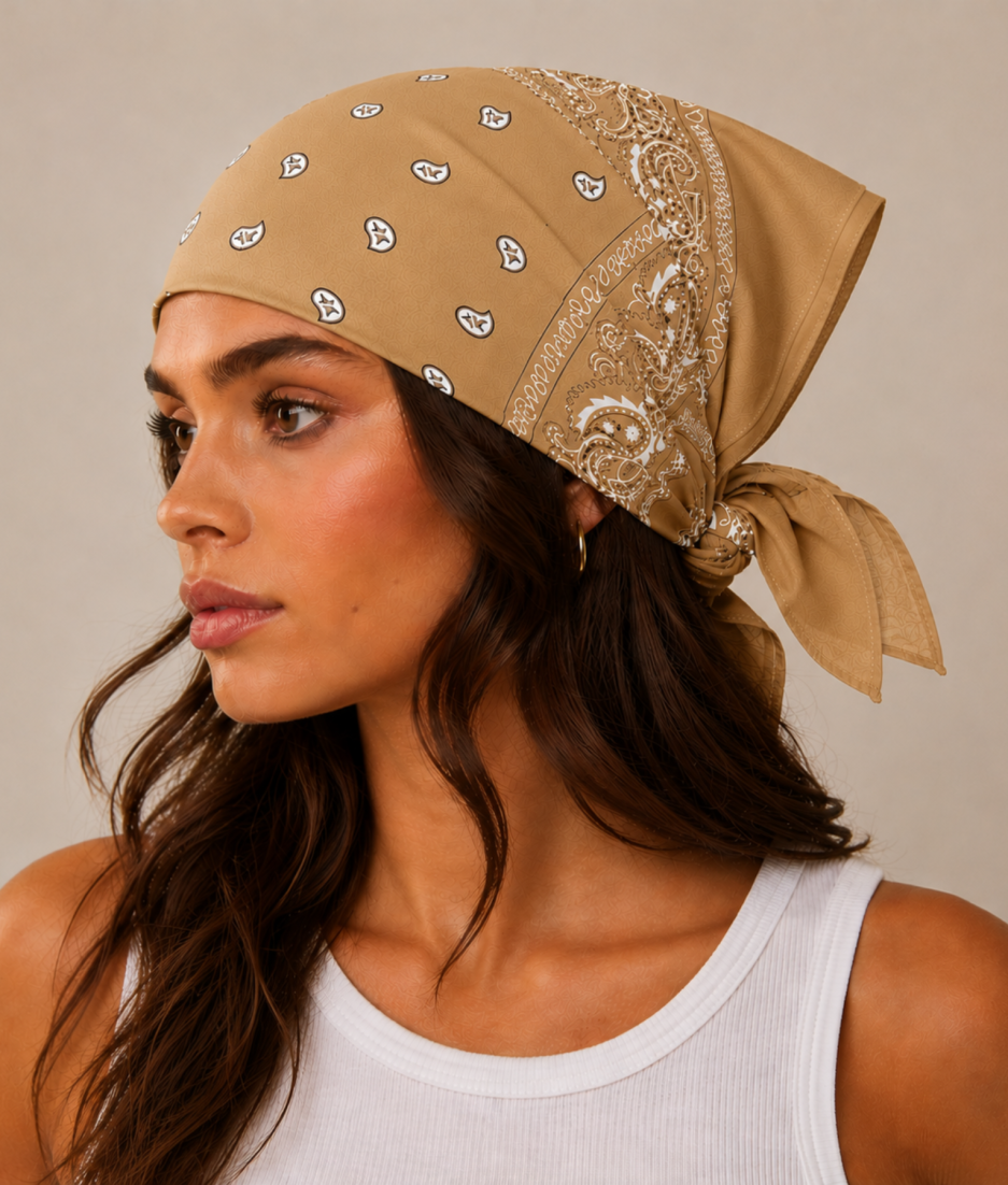 Bruine bandana gedragen door model – klassieke paisley bandana in bruin met witte print, gedragen als hoofddoek. Veelzijdig te stylen als haarband, nekdoek of accessoire. Ideaal als cadeau of festival- en zomeraccessoire.