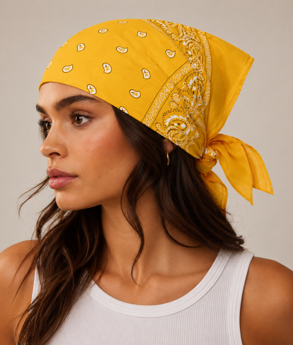 Gele bandana gedragen door model – klassieke paisley bandana in geel met witte print, gedragen als hoofddoek. Veelzijdig te stylen als haarband, nekdoek of accessoire. Ideaal als cadeau of festival- en zomeraccessoire.