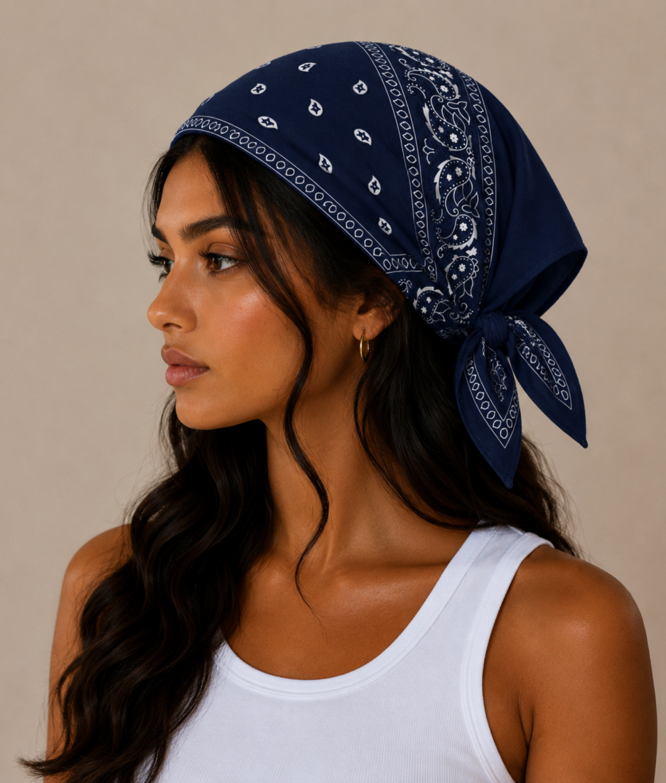 Model draagt navyblauwe bandana als festival outfit