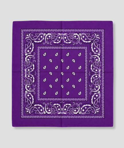 Paarse bandana met witte paisley print, plat gevouwen