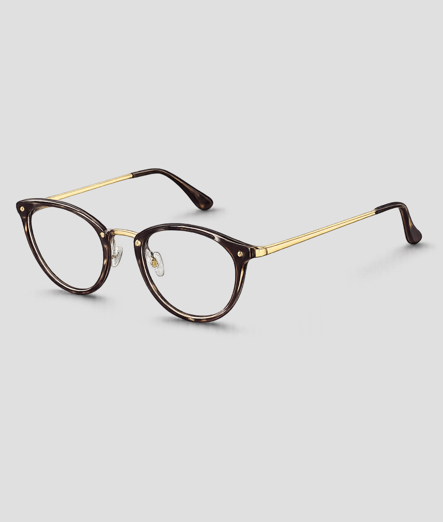 Bruine cat-eye bril met donker tortoiseshell acetaat montuur goudkleurig metalen frame heldere glazen en bruine pootjes
