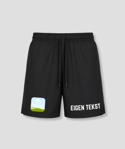 Zwarte heren zwembroek met eigen tekst bedrukking gepersonaliseerd