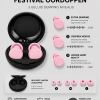 Infographic van roze festival oordoppen met 3 geluidsdempingsniveaus: Extra Demping -25dB, Gesprek Modus -15dB en Lekker Hard Nog FF -9dB, inclusief 3 maten S M L