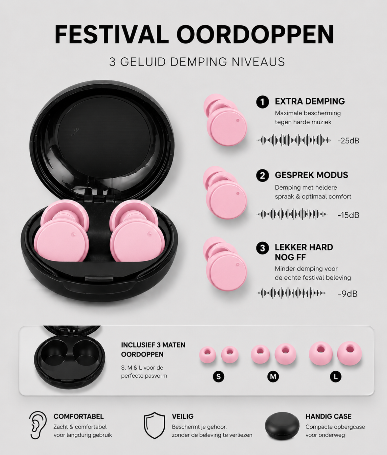 Infographic van roze festival oordoppen met 3 geluidsdempingsniveaus: Extra Demping -25dB, Gesprek Modus -15dB en Lekker Hard Nog FF -9dB, inclusief 3 maten S M L
