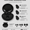 Infographic van zwarte festival oordoppen met 3 geluidsdempingsniveaus: Extra Demping -25dB, Gesprek Modus -15dB en Lekker Hard Nog FF -9dB, inclusief 3 maten S M L