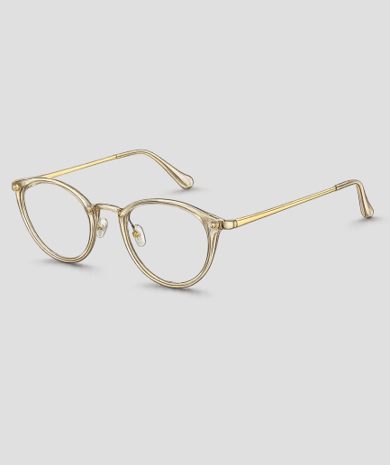 Gouden transparante cat-eye bril met champagnekleurig doorzichtig acetaat montuur goudkleurig metalen frame en heldere glazen