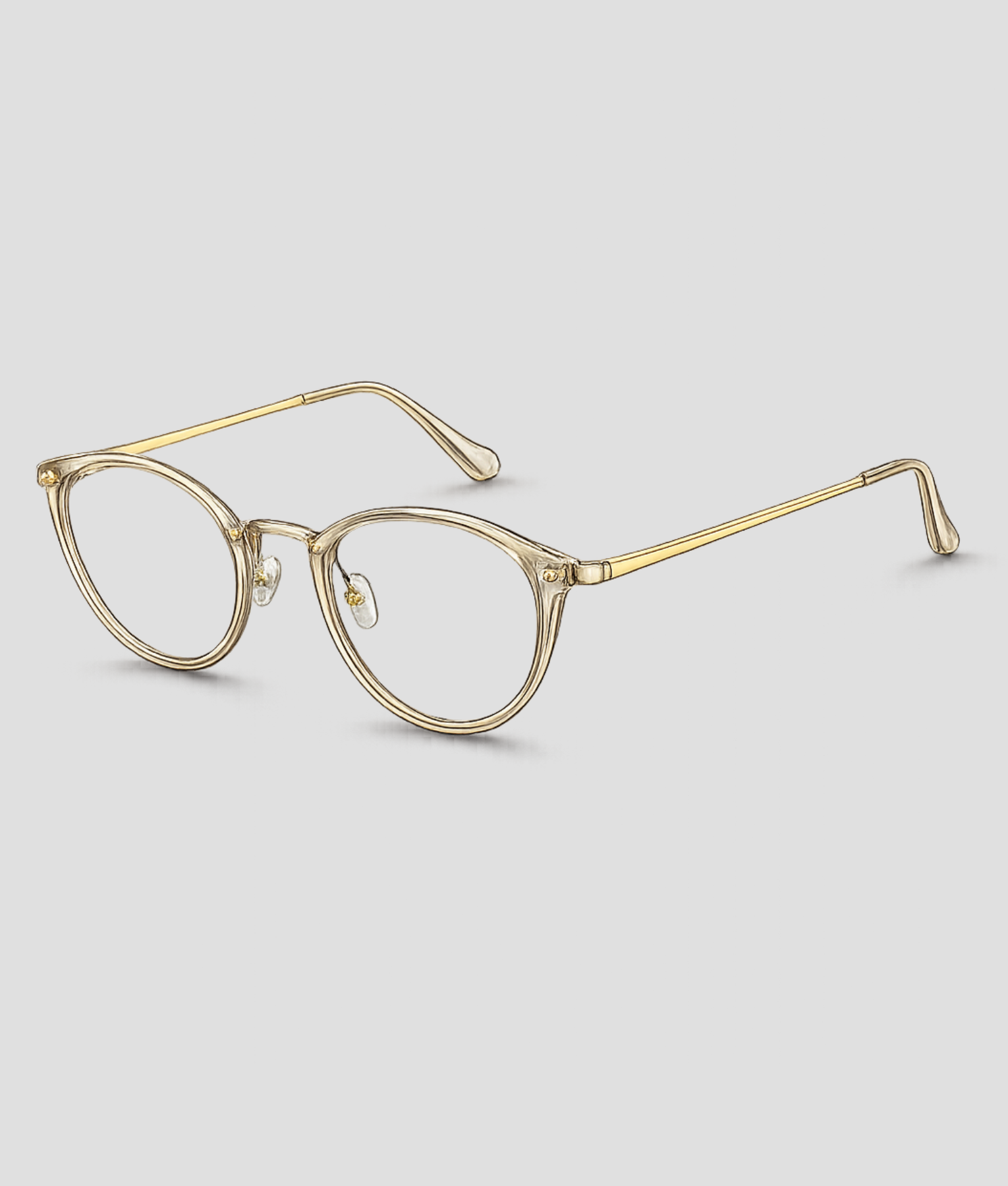 Gouden transparante cat-eye bril met champagnekleurig doorzichtig acetaat montuur goudkleurig metalen frame en heldere glazen