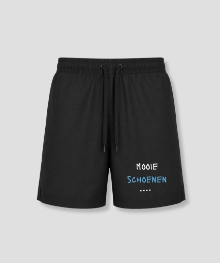Zwarte heren zwembroek met Mooie Schoenen quote bedrukking