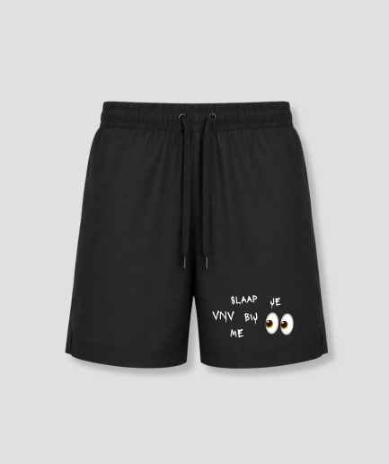 Zwarte heren zwemshort met versier-quote bedrukking