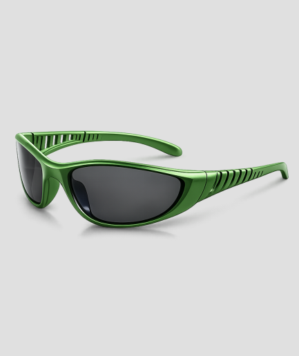 Groene sport zonnebril met wraparound montuur voor bij een rave outfit
