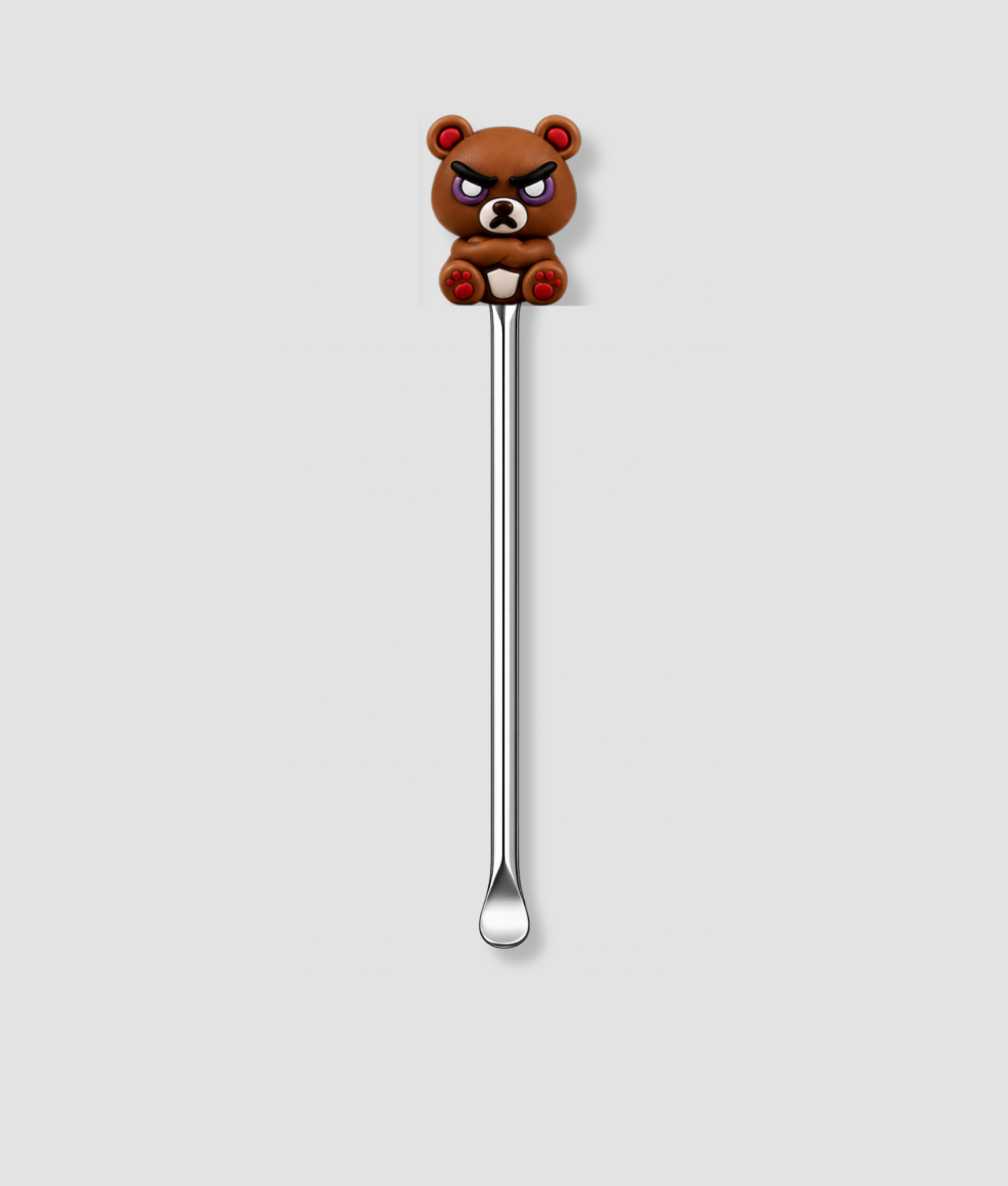 Mini schepje cocktailstirrer met bruine boze beer figuur met boze wenkbrauwen en rode accenten bovenop en zilveren steel
