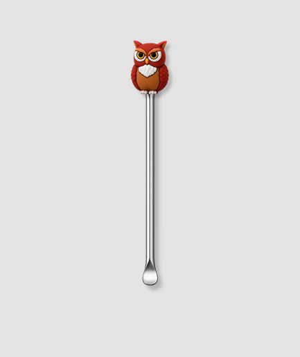 Mini schepje cocktailstirrer met bruine uil figuur met grote gele ogen en witte borst bovenop en zilveren steel
