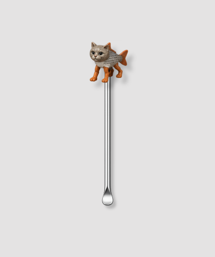 Mini schepje cocktailstirrer met kat-vis hybride figuur met kattenlichaam en vissenstaart uit de Italian Brainrot collectie bovenop en zilveren steel