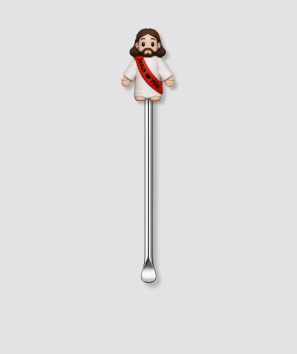 Mini schepje cocktailstirrer met grappige Jezus figuur met rode Jesus Loves You sjerp bovenop en zilveren steel