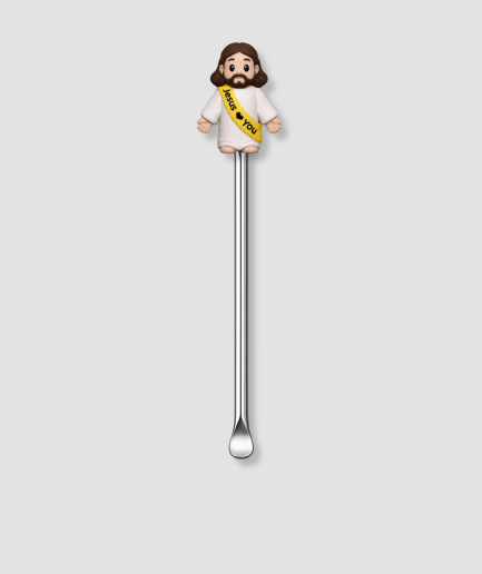 Mini schepje cocktailstirrer met grappige Jezus figuur met gele Jesus Loves You sjerp bovenop en zilveren steel