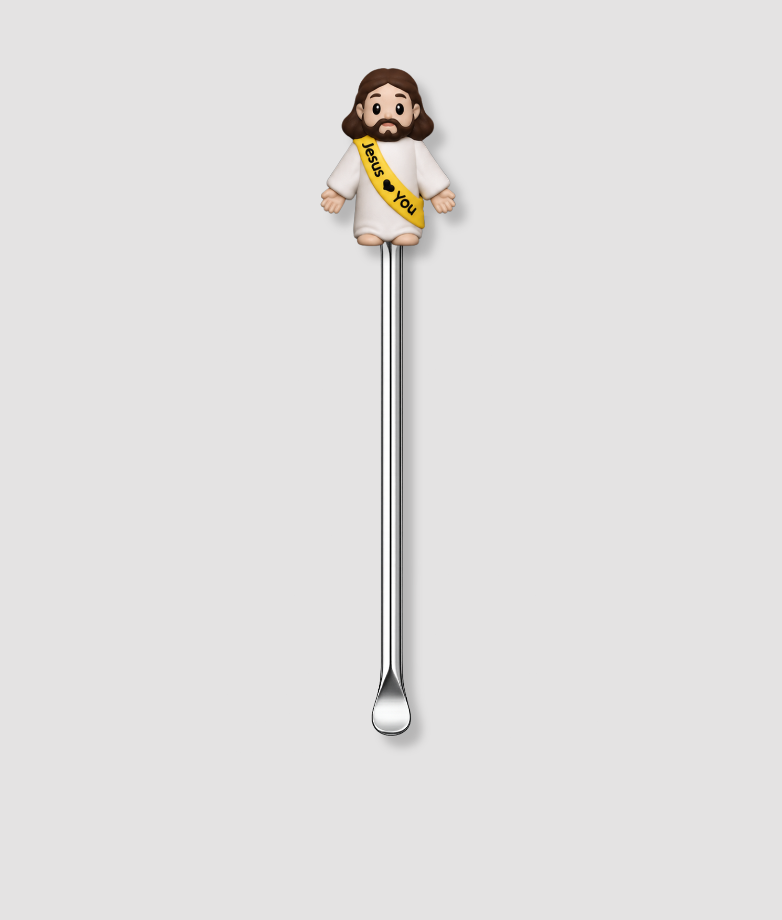 Mini schepje cocktailstirrer met grappige Jezus figuur met gele Jesus Loves You sjerp bovenop en zilveren steel