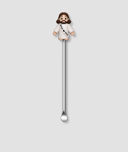 Mini schepje cocktailstirrer met grappige Jezus figuur met witte Jesus Loves You sjerp bovenop en zilveren steel