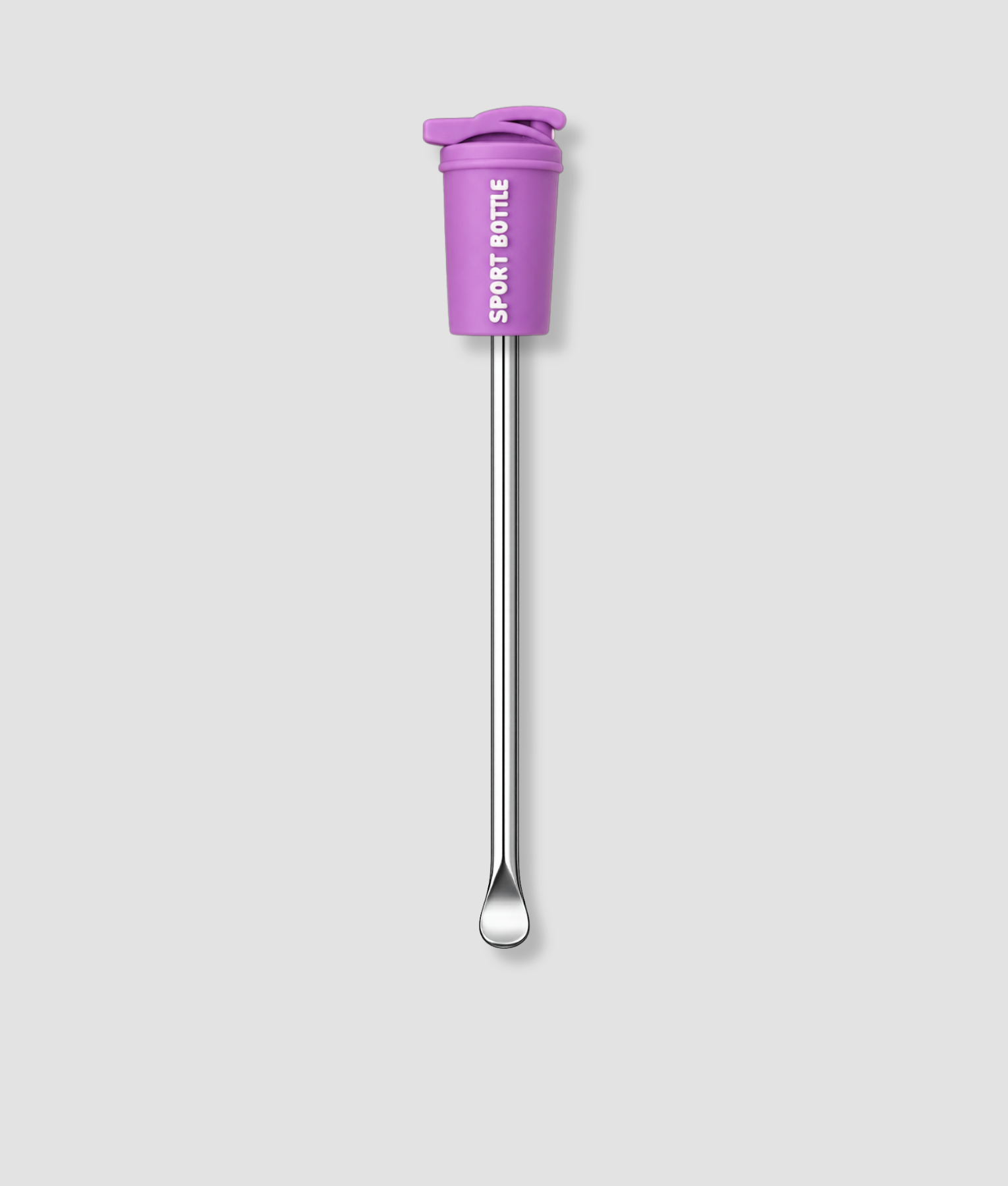 Mini schepje cocktailstirrer met paarse sportfles figuur met SPORT BOTTLE tekst en paarse dop bovenop en zilveren steel