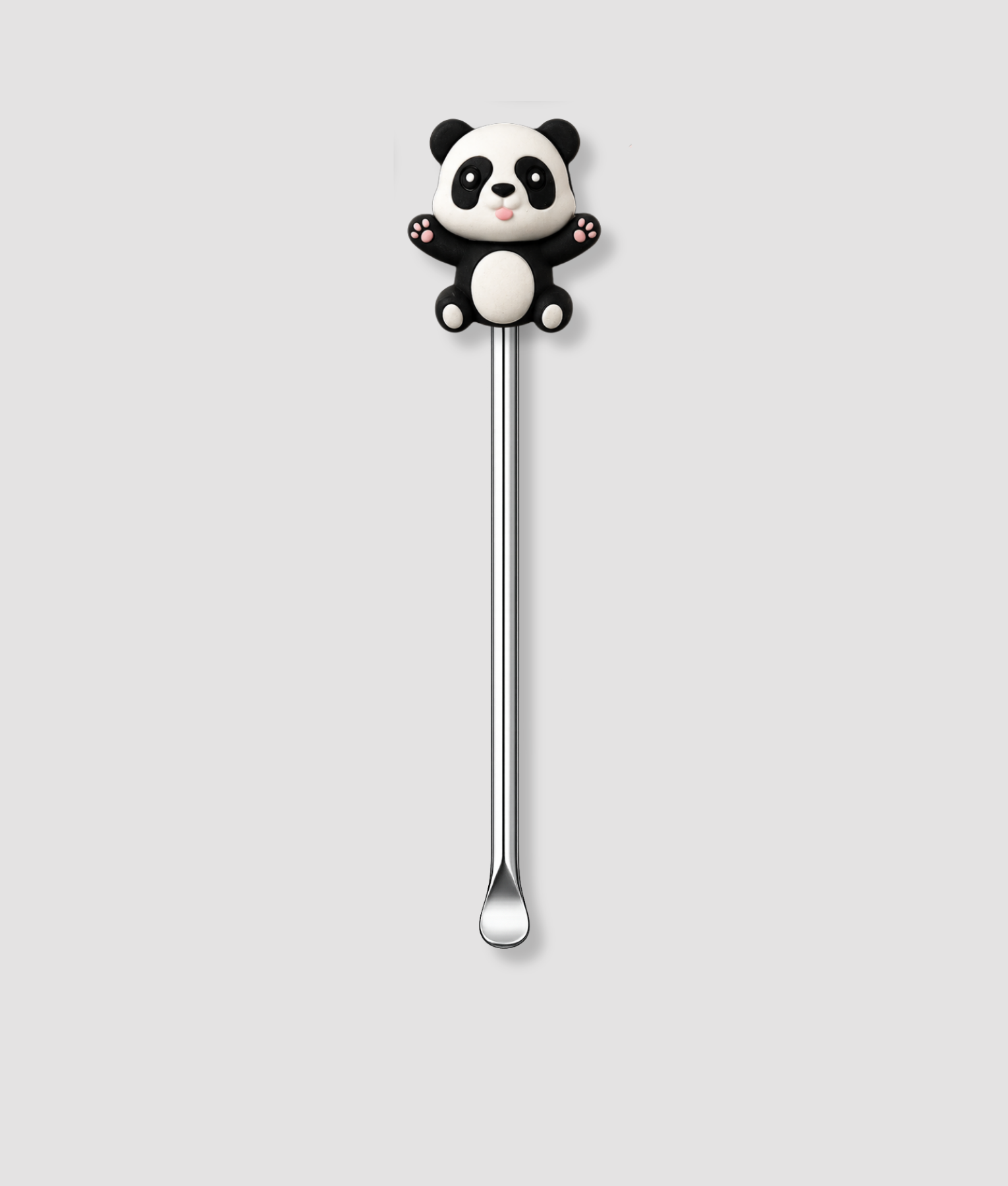 Mini schepje cocktailstirrer met zwart-witte panda figuur met zwaaiende poot en roze neusje bovenop en zilveren steel