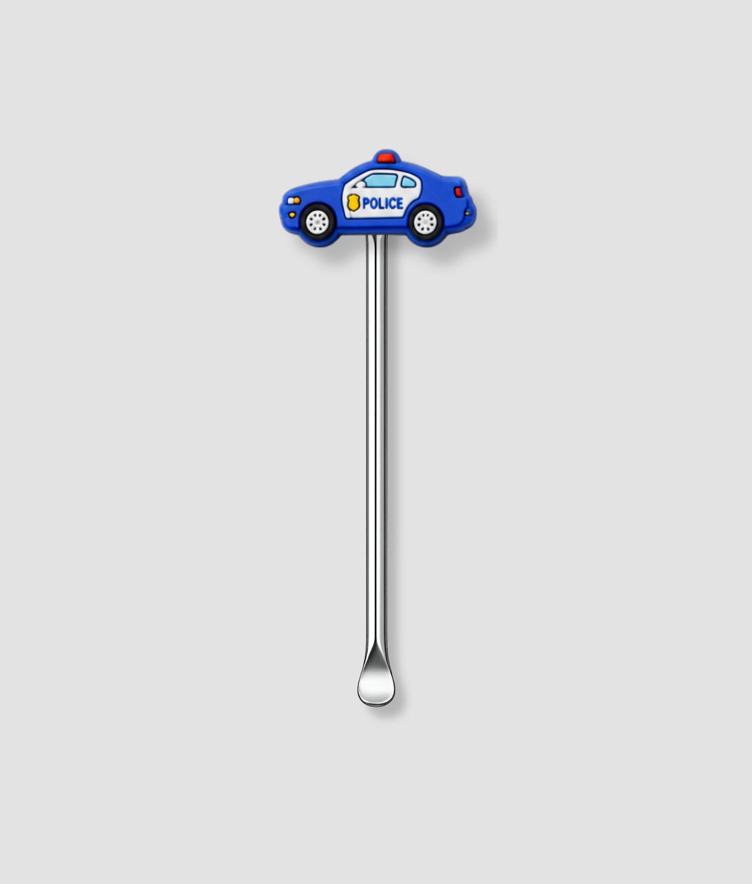 Mini schepje cocktailstirrer met blauwe politieauto figuur met POLICE opschrift en rode sirene bovenop en zilveren steel