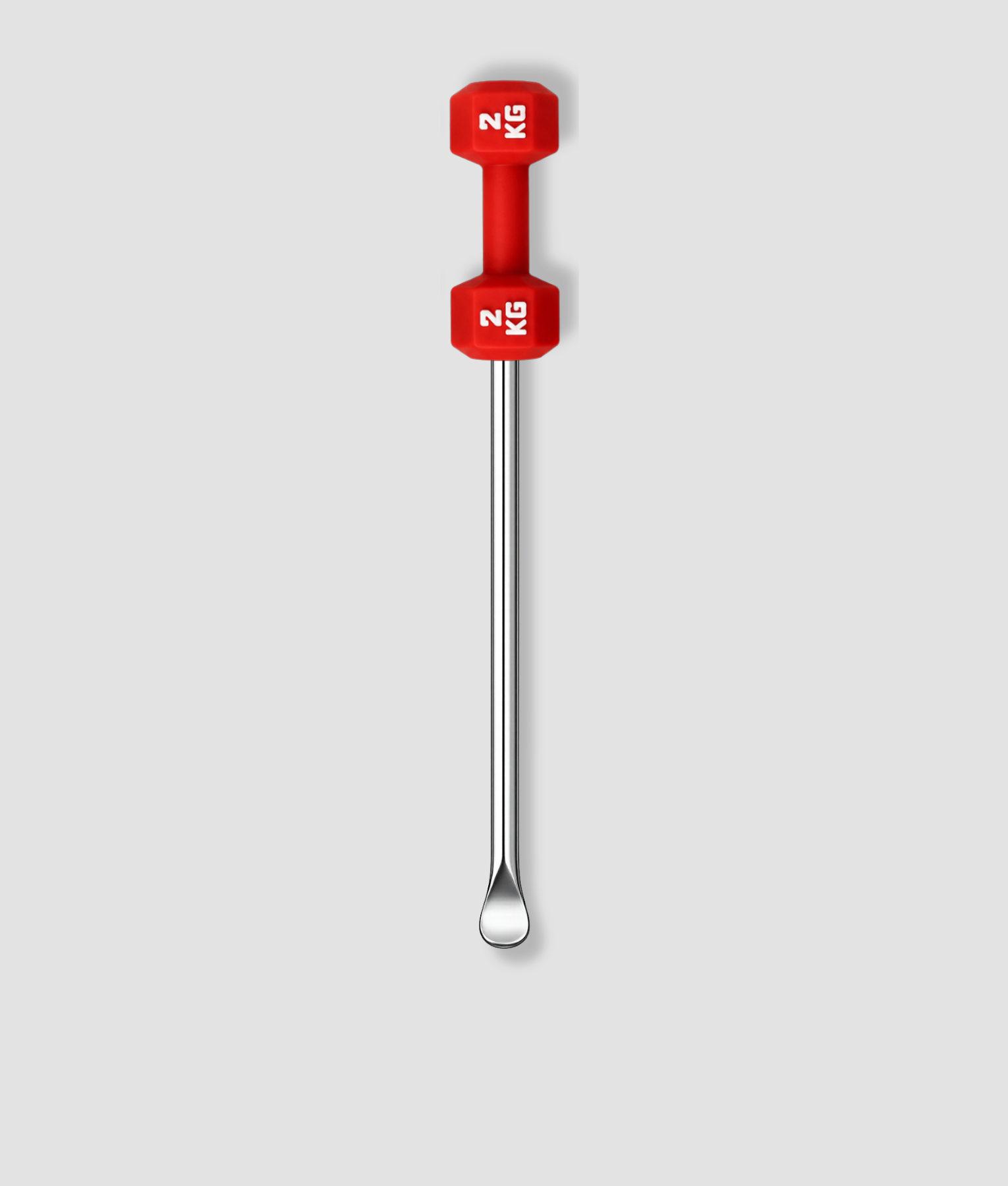 Mini schepje cocktailstirrer met rode halter dumbbell figuur met 2KG opschrift bovenop en zilveren steel