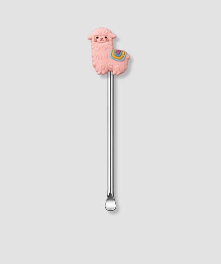 Mini schepje cocktailstirrer met roze lama figuur met kleurrijke regenboogdeken op zijn rug bovenop en zilveren steel
