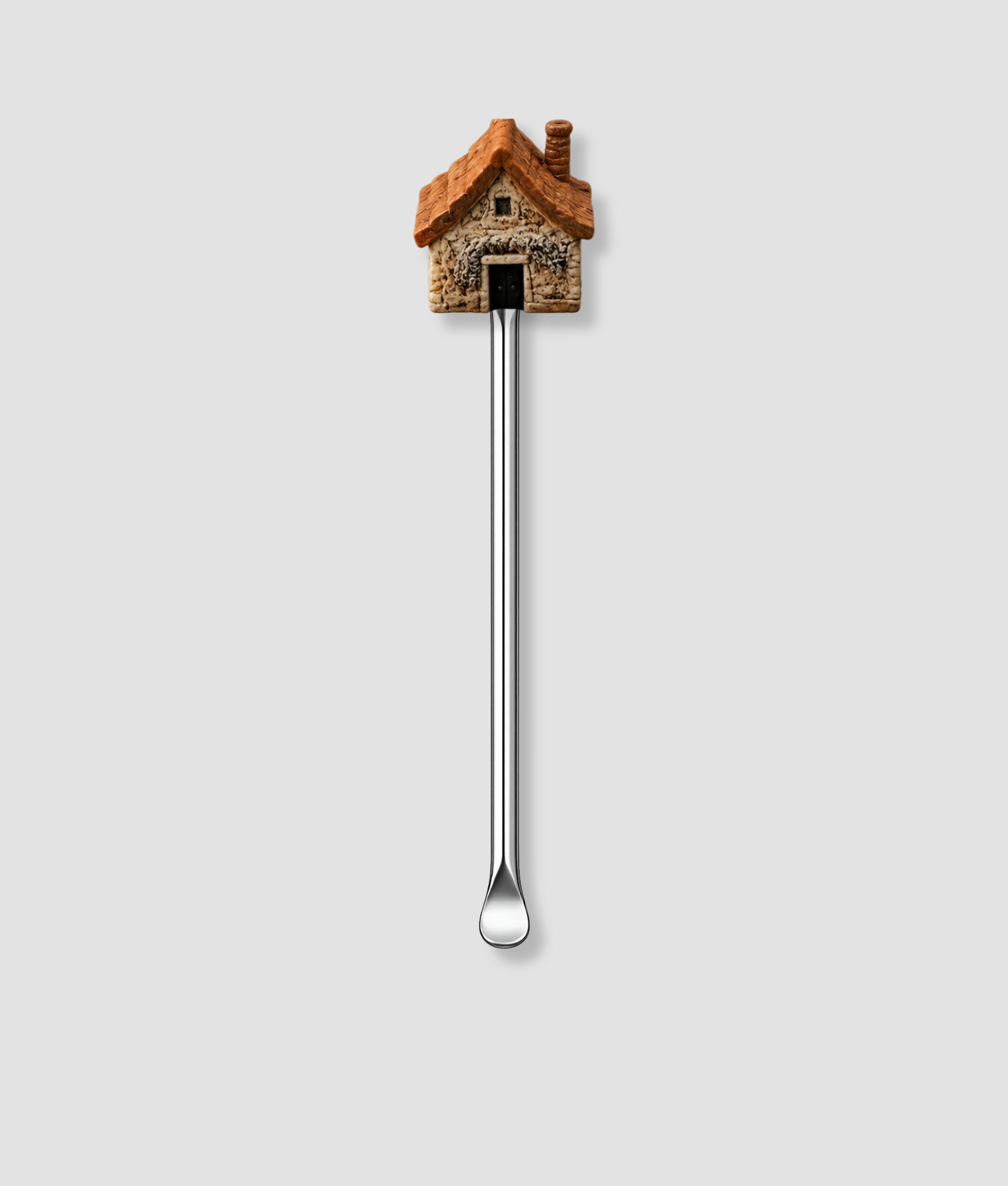Mini schepje cocktailstirrer met stenen huisje figuur met oranje dakpannen en schoorsteen bovenop en zilveren steel