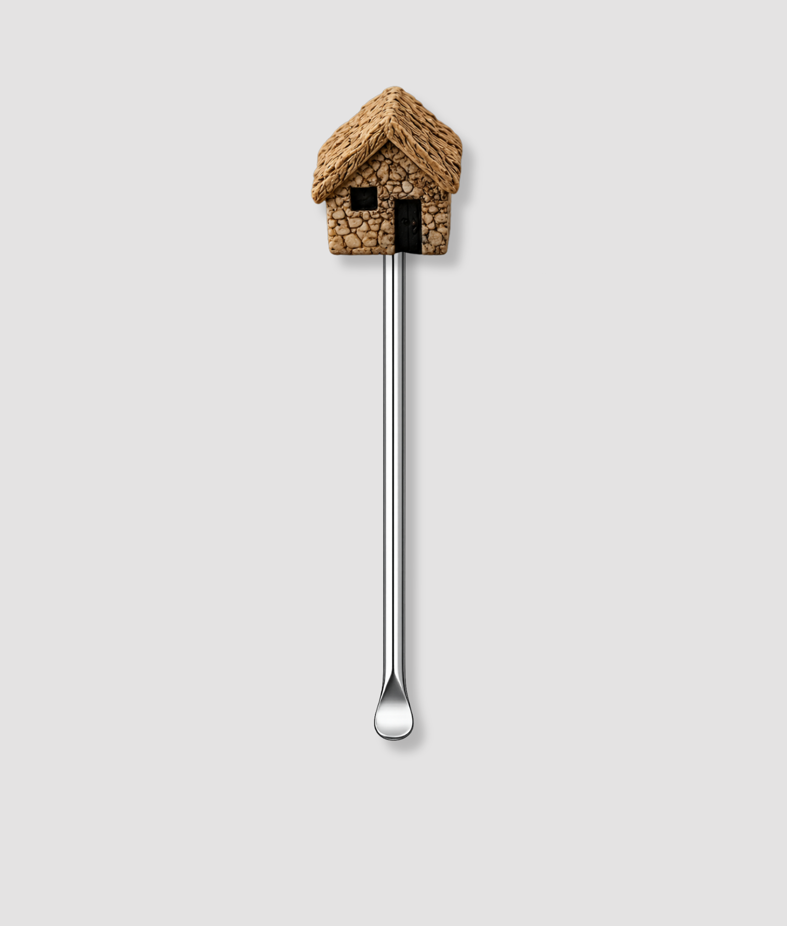 Mini schepje cocktailstirrer met rieten strohut figuur met stenen muren en rieten dak bovenop en zilveren steel